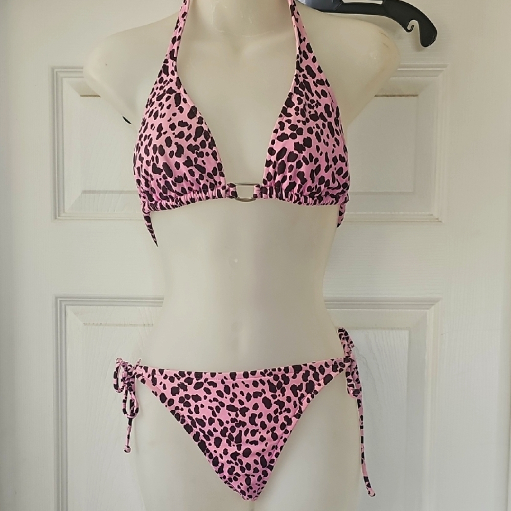 Bebe Pink and Black Bikini Set with Leopard Print